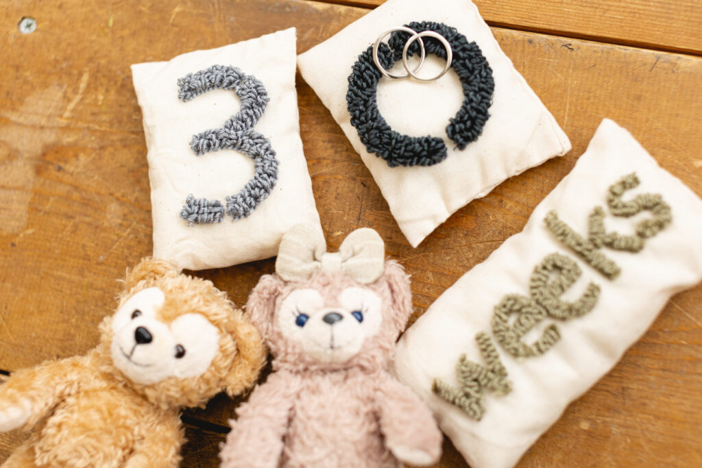 「30weeks」と刺繍したボードとぬいぐるみを並べたマタニティフォトの小物